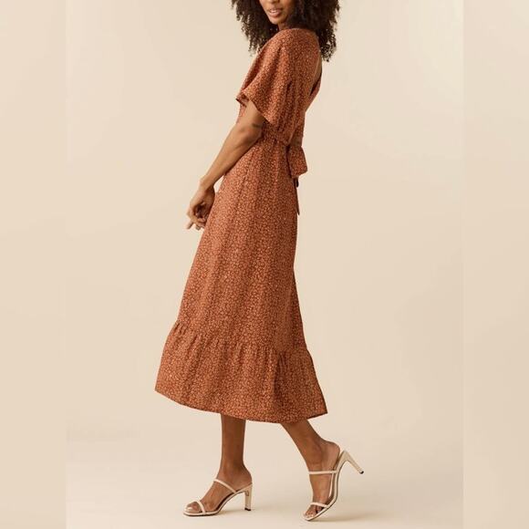 New Vetta Brown Blossom Print The Flutter Sleeve Wrap Dress Size XS - Picture 7 of 11